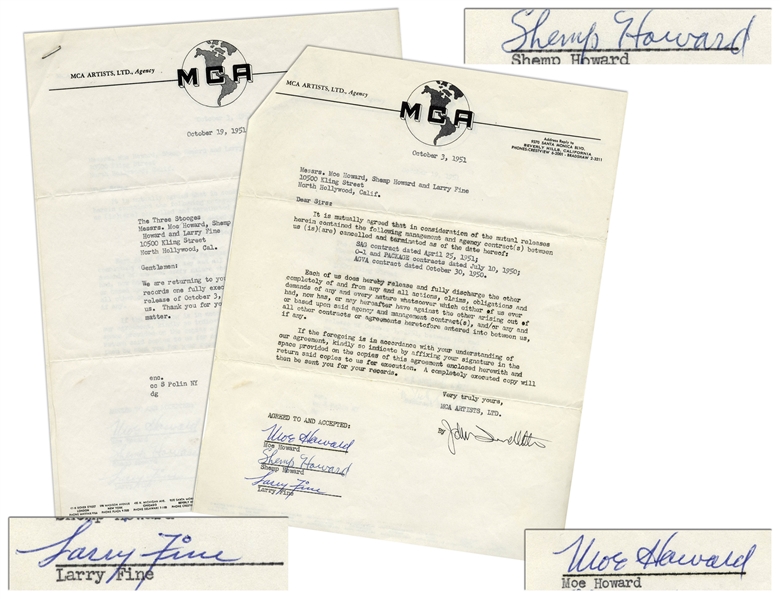 Three Stooges Signed Contract Termination From 1951, With Shemp's Signature